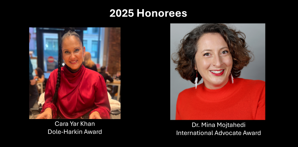 Two photos of the honorees, Cara Yar Khan and Dr. Mina Mojtahedi. Both are wearing bed shirts. Cara has long braided dark hair and Mina has curly, dark hair. Both are smiling brightly.