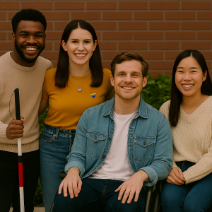 A diverse group of youth with disabilities standing together outdoors, smiling and confident. One person uses a wheelchair, another holds a white cane, and one wears hearing aids. A participant wears a t-shirt with pride colors, while another sports a pride pin on their jacket. The scene radiates energy, solidarity, and joy—capturing the spirit of USICD’s new Youth Advisory Committee.