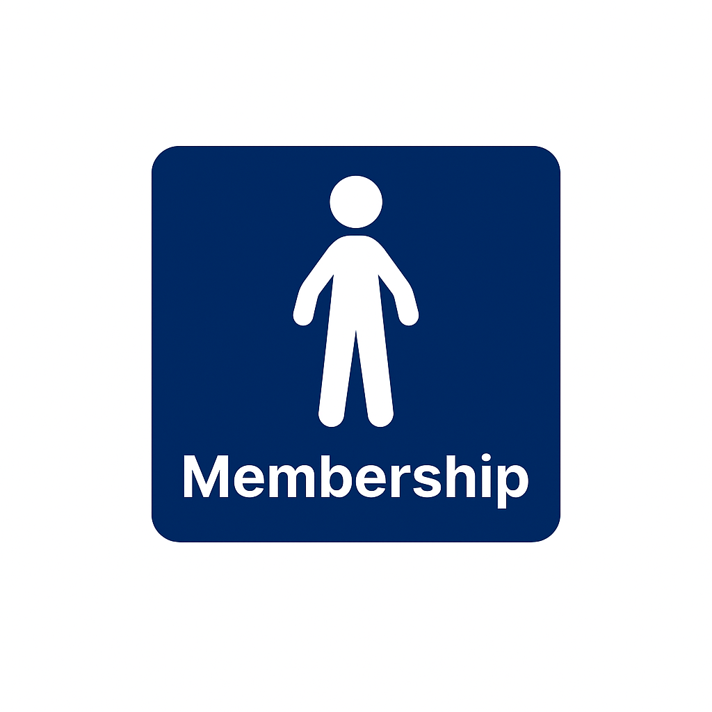 Alt: Navy blue square icon with a white symbol of a single person. Below the symbol, the word "Membership" is written in bold white text.