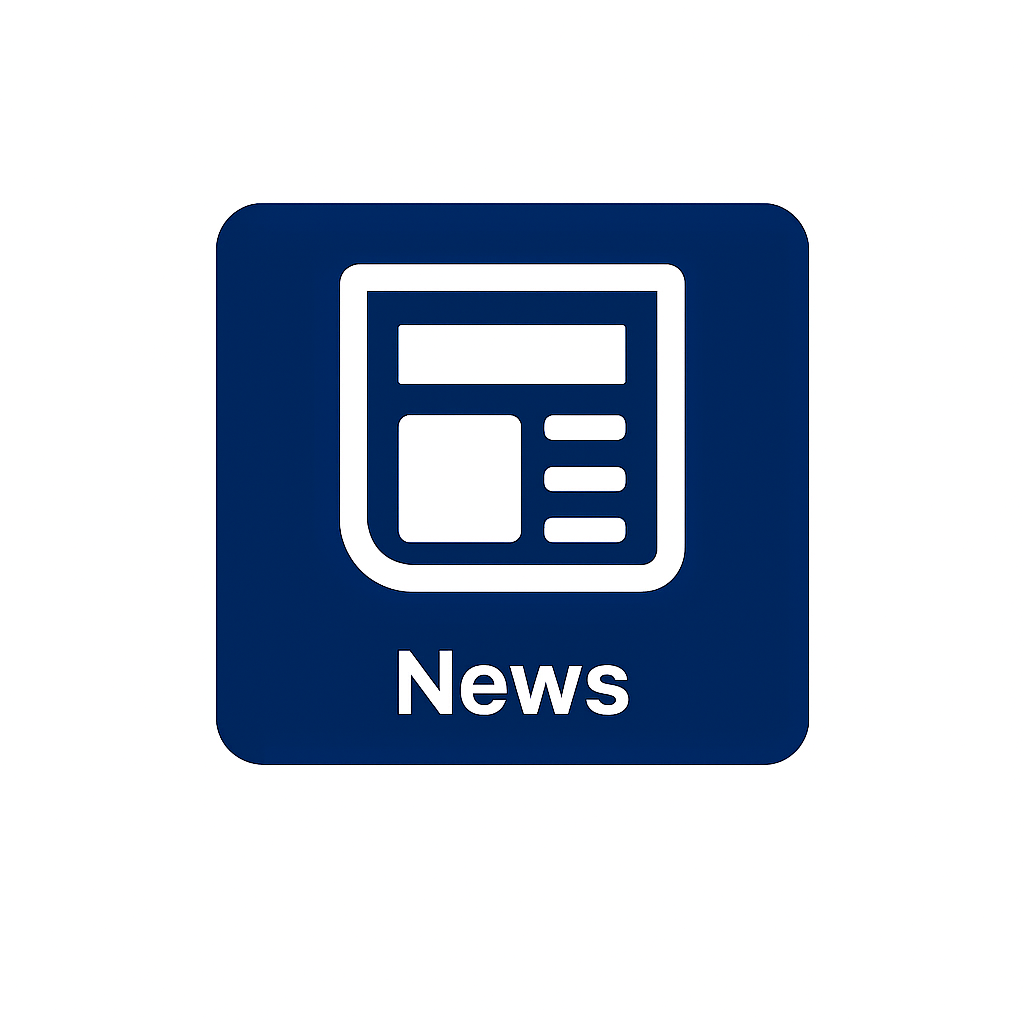 Alt: Navy blue square icon with a white newspaper symbol featuring horizontal lines and a small square representing text and image. Below the symbol, the word "News" is written in bold white text.