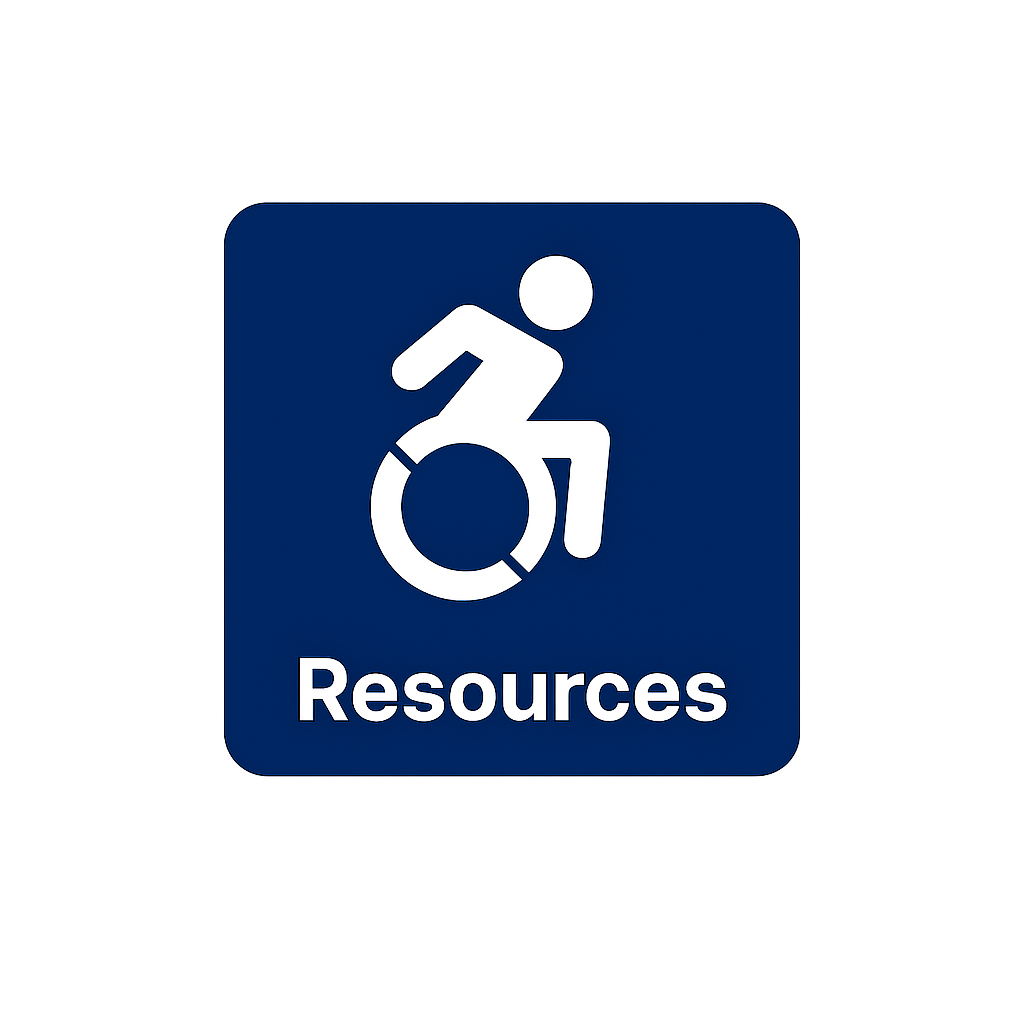 Alt: Navy blue square icon with a white symbol of a person in a wheelchair. Below the symbol, the word "Resources" is written in bold white text.