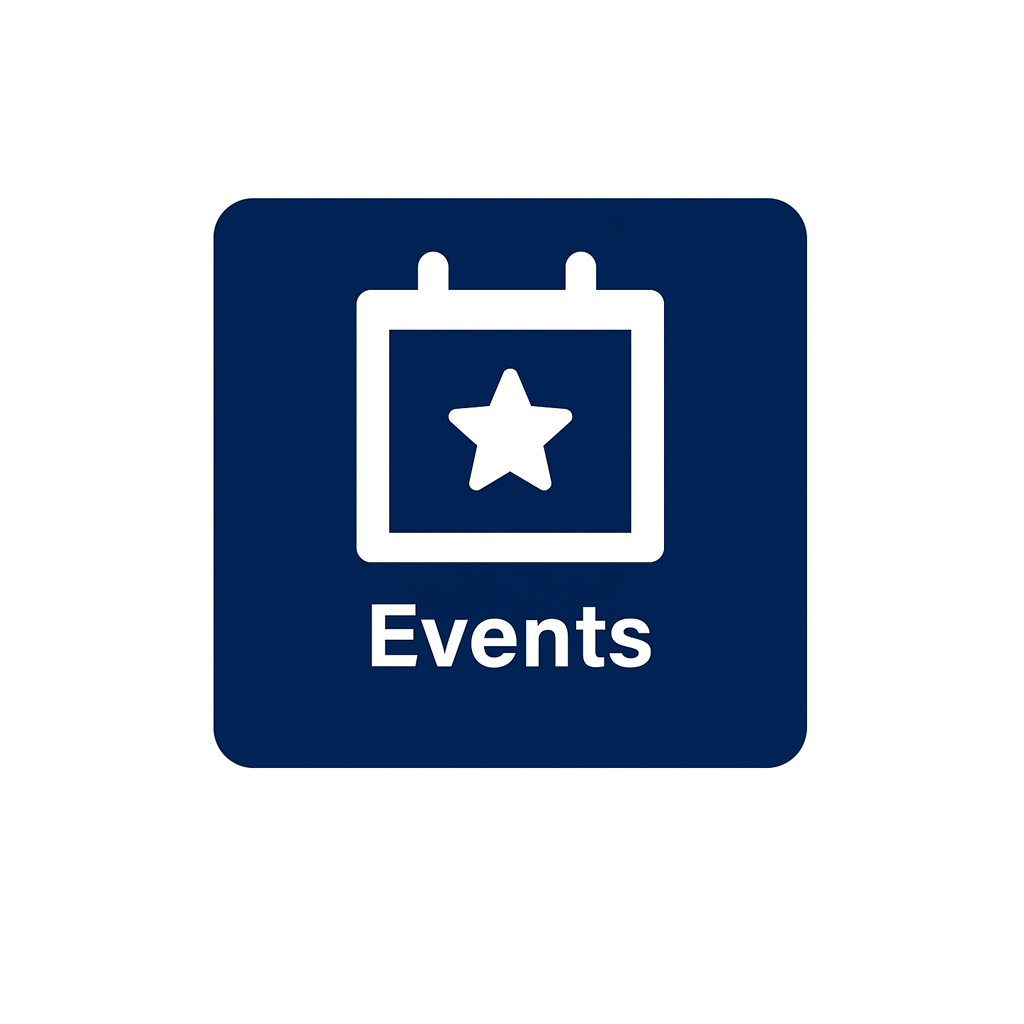 Alt: Navy blue square icon with a white calendar symbol featuring a star in the center. Below the symbol, the word "Events" is written in bold white text.
