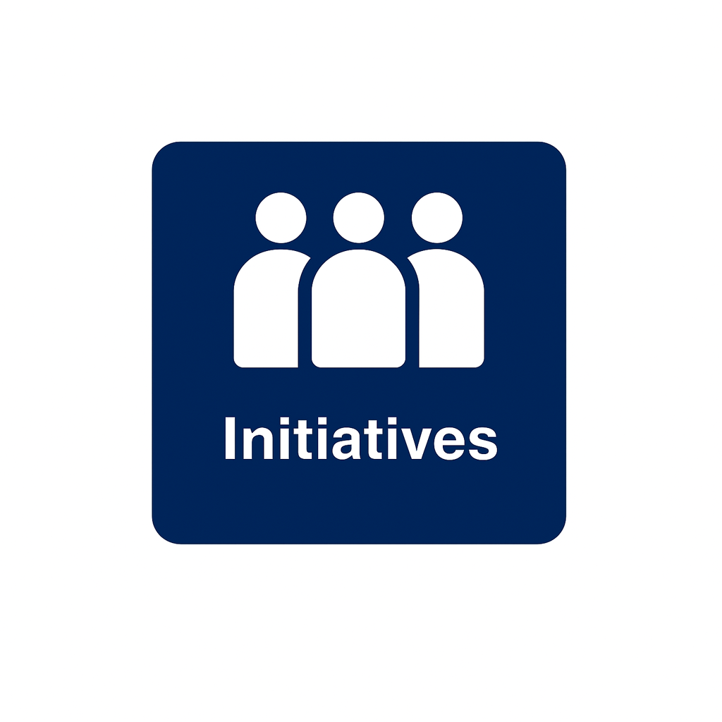 Alt: Navy blue square icon with three white stylized human figures arranged in a triangle. Below them, the word "Initiatives" is written in bold white text.