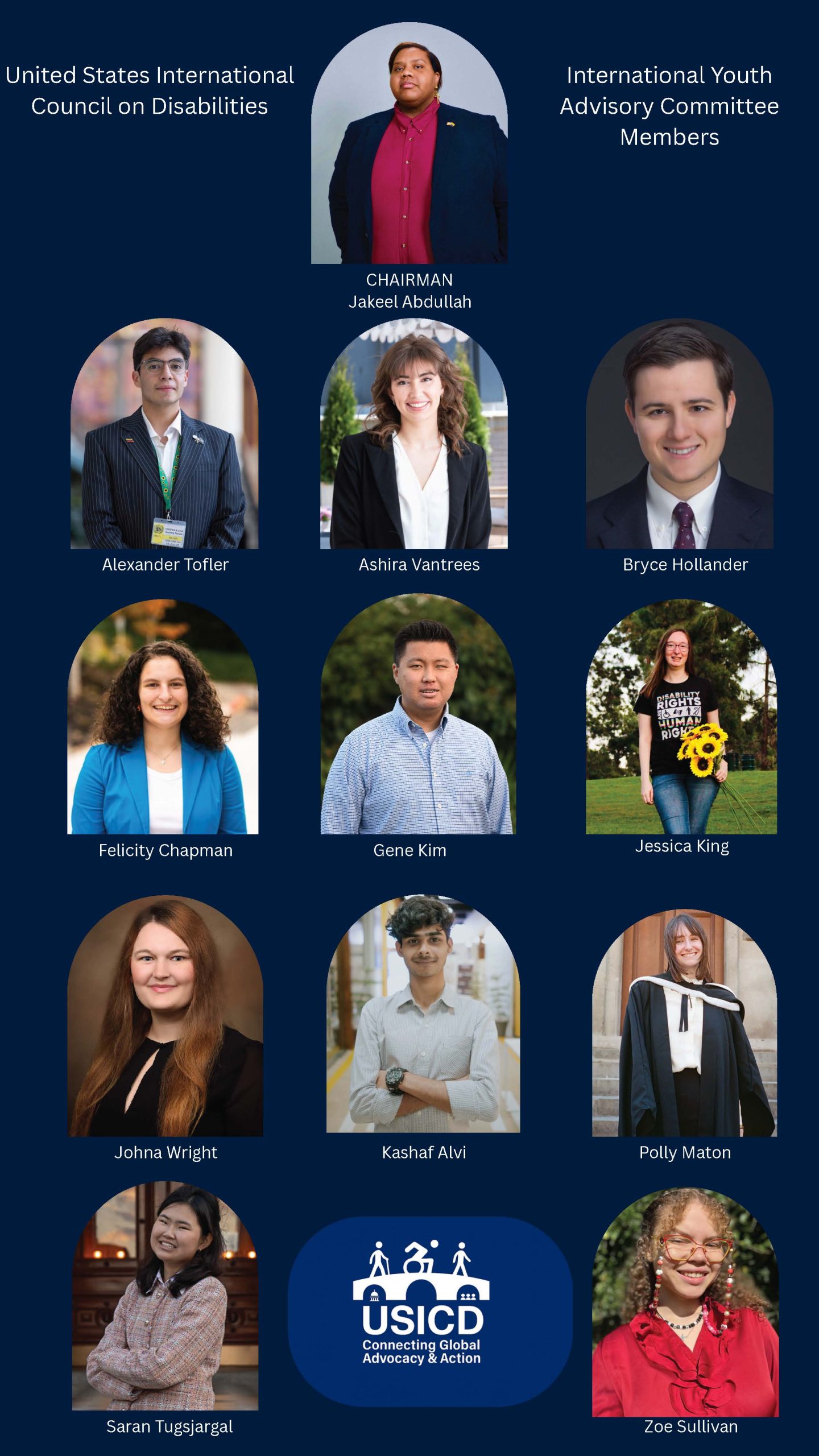 An image with photos of all of the 2025 USICD Youth Advisory Committee members, the title International Youth Advisory Committee members, the US International Council on Disabilities and the USICD Logo at the bottom.