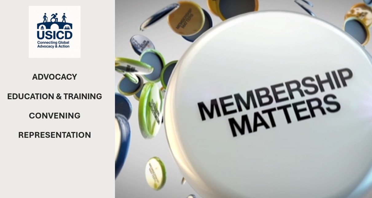 An image of floating buttons with the words Membership Mattes on the front of one large button. On the left side are USICD's listed strategic pillars m- advocacy, education and training, convening and representation.